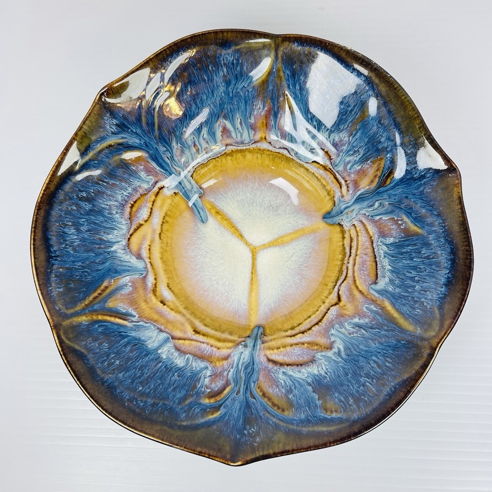 Bill Campbell Pottery Lotus Tulip Bowl Signed 10" Blue Brown Cream Drip Glaze